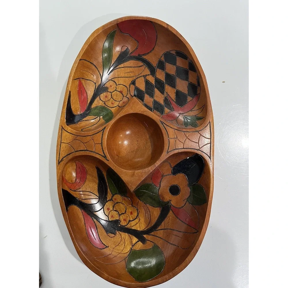 Vintage Wooden Hand‎ Painted Carved Bowl Serve Nuts Cheese Floral 2 Sided Design